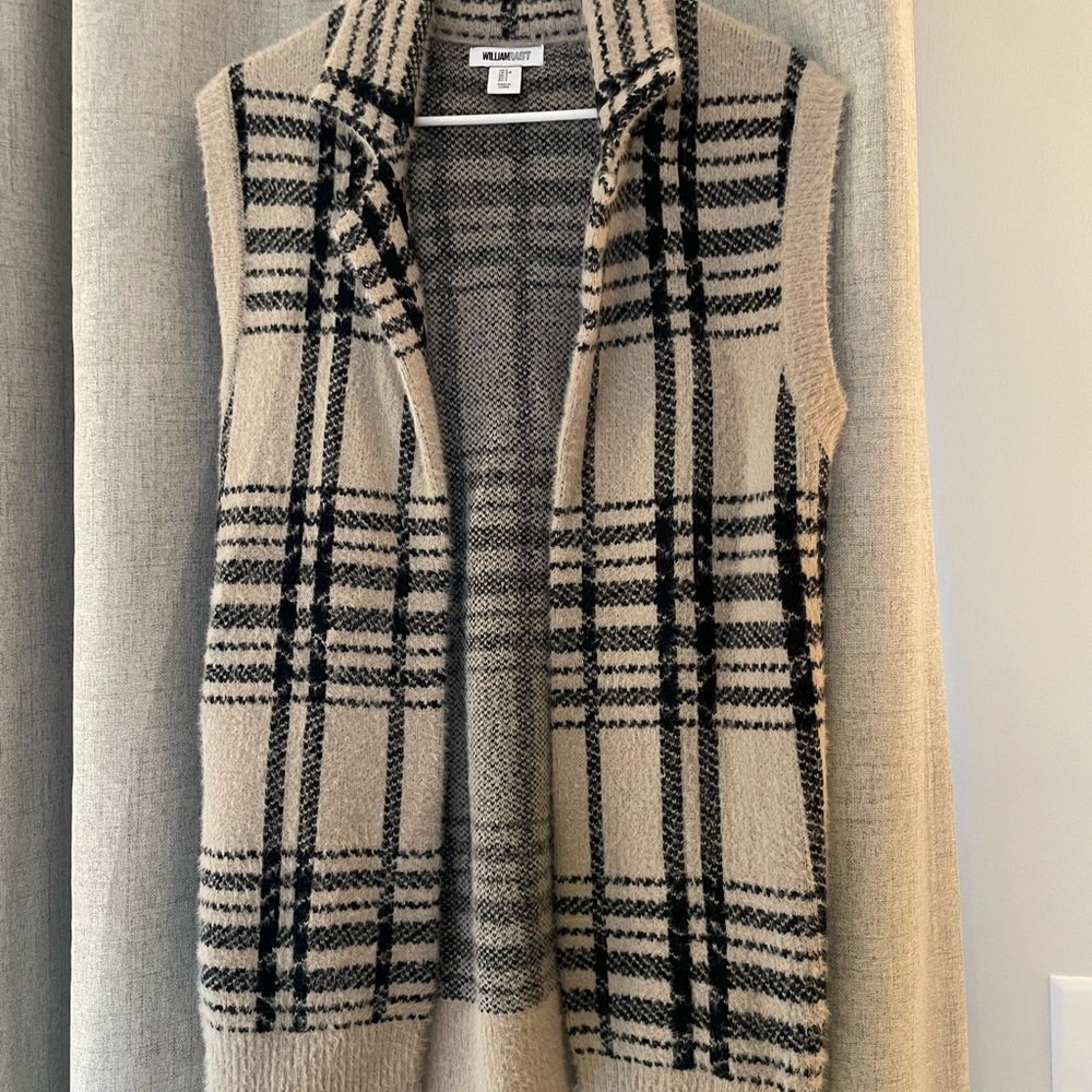 William Rast Black and Cream Plaid Cardigan Vest